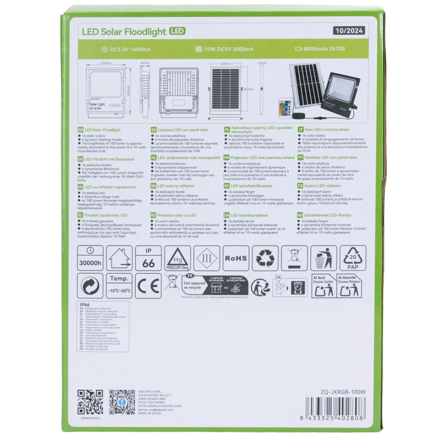 Aigostar - LED RGB prigušiva solarni reflektor LED/100W/3,2V IP66 + daljinski upravljač