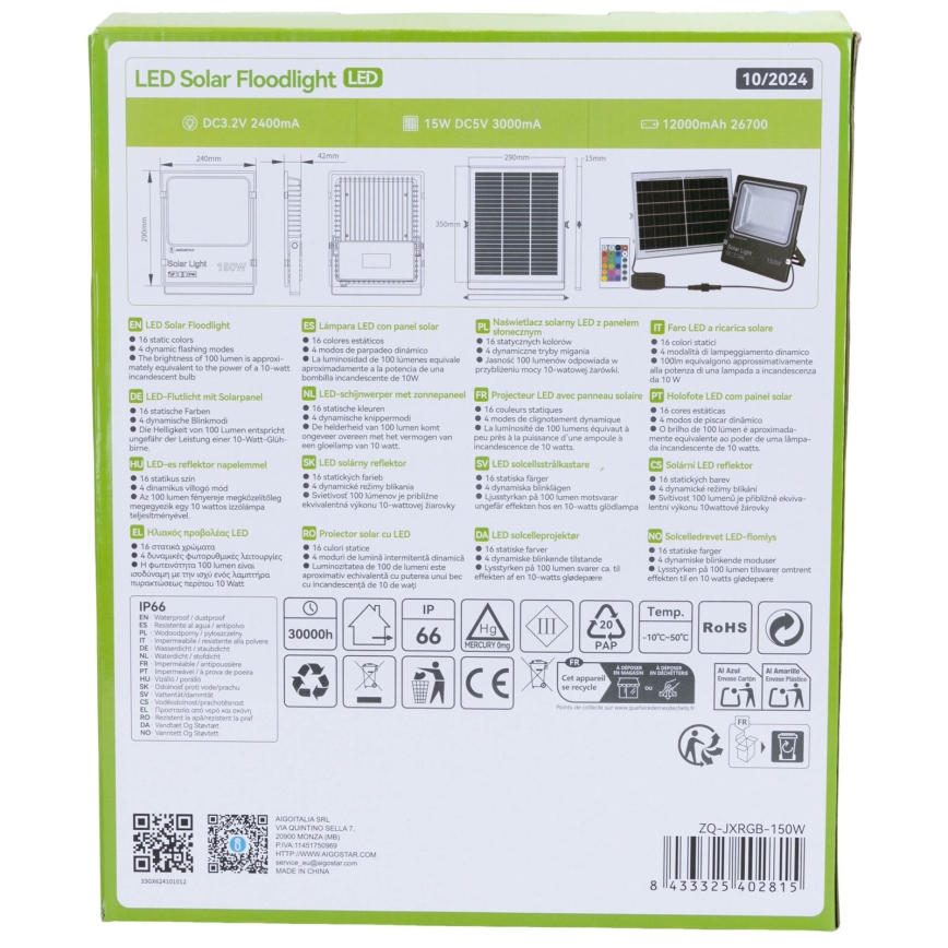 Aigostar - LED RGB prigušiva solarni reflektor LED/150W/3,2V IP66 12000 mAh + daljinski upravljač