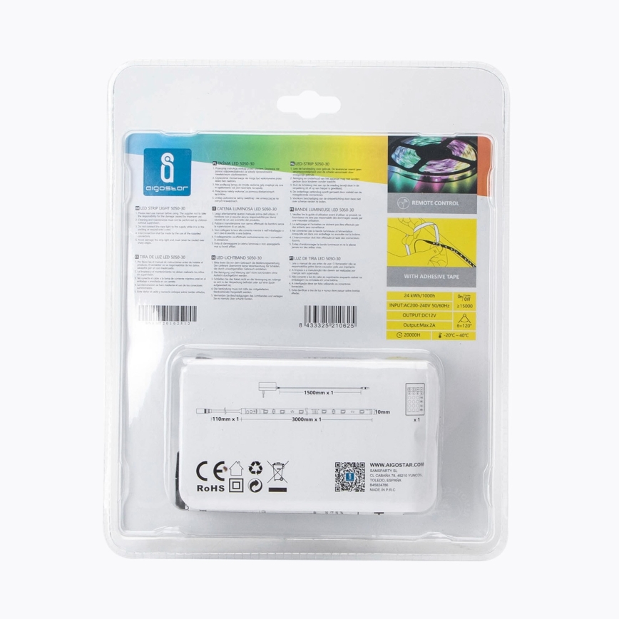 Aigostar - RGB LED prigušiva traka 3m LED/24W/12/230V IP65 + daljinski upravljač