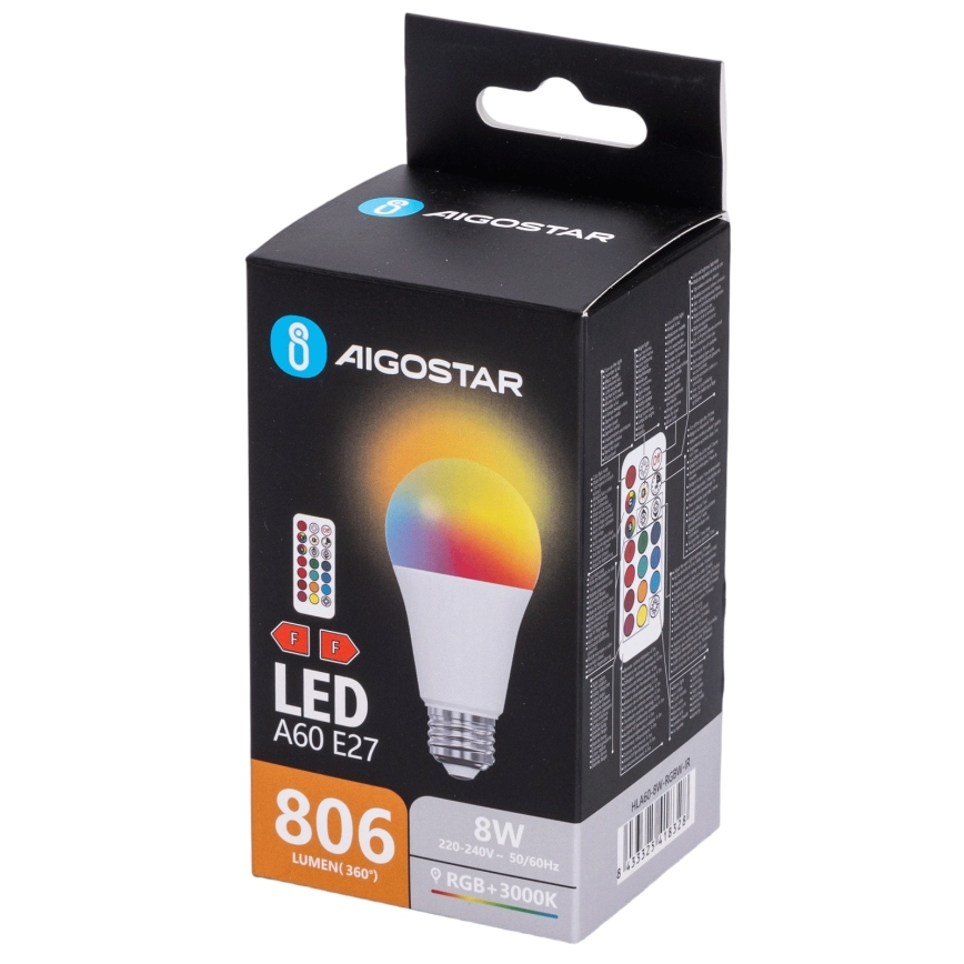 Aigostar - LED RGBW prigušiva sijalica A60 E27/8W/230V 3000K + daljinski upravljač
