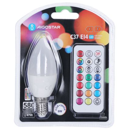 Aigostar - LED RGBW prigušiva sijalica C37 E14/6W/230V 3000K + daljinski upravljač