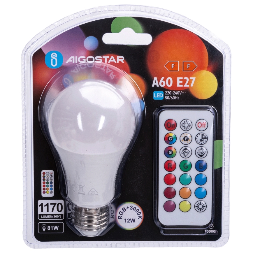 Aigostar - LED RGBW prigušiva sijalica E27/12W/230V 3000K + daljinski upravljač