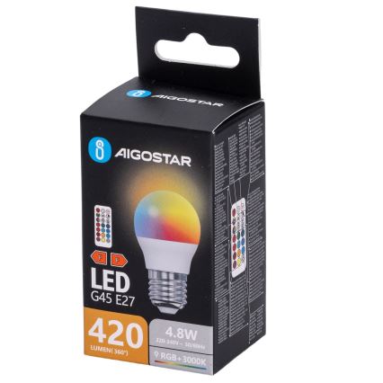Aigostar - LED RGBW prigušiva sijalica G45 E27/4,8W/230V 3000K + daljinski upravljač