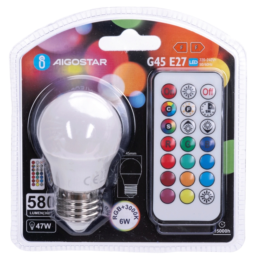 Aigostar - LED RGBW prigušiva sijalica G45 E27/6W/230V 3000K + daljinski upravljač