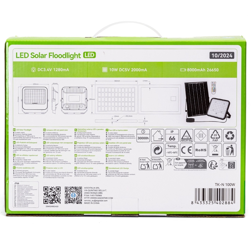 Aigostar - LED RGBW prigušiva solarni reflektor LED/100W/3,4V IP66 8000 mAh + daljinski upravljač