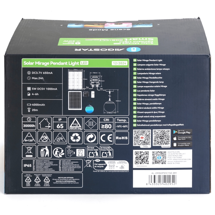 Aigostar - LED RGBW solarni luster sa prigušiva MESH LED/20W/3,7V 4000 mAh 2700K-6500K IP65 prečnik 15 cm