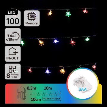 Aigostar - LED RGBY Spoljašnja božićna girlanda 100xLED/8 funkcija 3xAA 10m IP44 zvezde