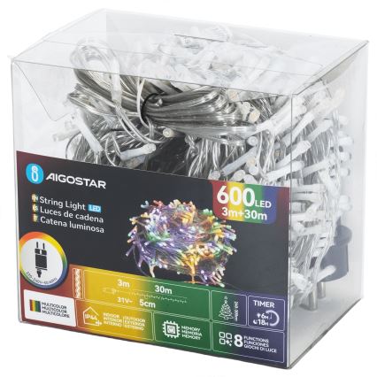 Aigostar - LED spoljašnji božićni niz 600xLED/8 funkcija 30m IP44 višebojan
