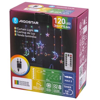 Aigostar - LED RGBY spoljašnja girlanda 120 LED/8 funkcija 3 x 0,6 m IP44 višebojna + sa daljinskim upravljačem
