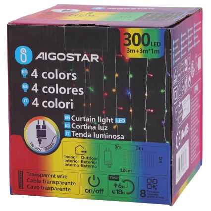 Aigostar - LED RGBY spoljni lanac 300xLED/8 funkcija 3x1m IP44 + daljinski upravljač