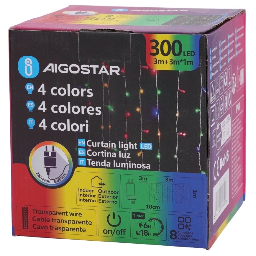 Aigostar - LED RGBY spoljni lanac 300xLED/8 funkcija 3x1m IP44 + daljinski upravljač