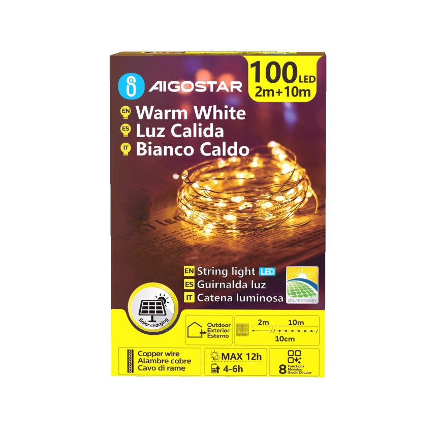 Aigostar - LED solarni novogodišnji lanac 100xLED/8 funkcija 12m 800 mAh IP65 toplo bela