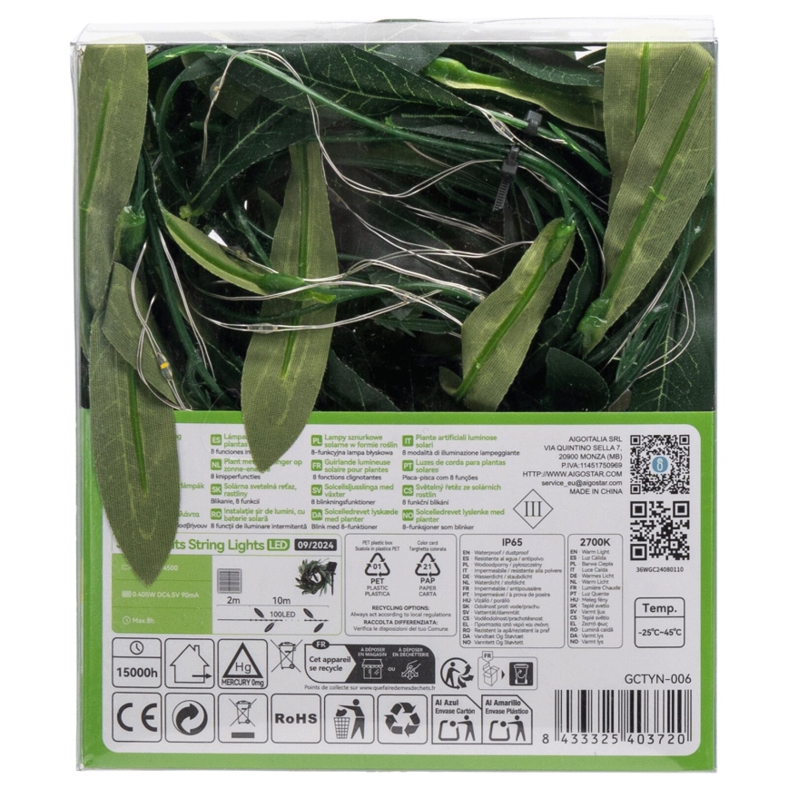 Aigostar - LED solarni lanac 100xLED/12m IP65 300 mAh topla bela, maslinasta