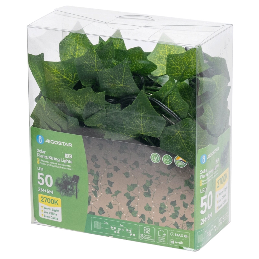 Aigostar - LED solarni lanac 50xLED/7m IP65 300 mAh topla bela ivy