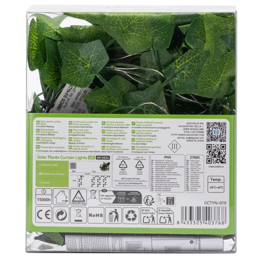 Aigostar - LED solarni lanac 70xLED/4x1m IP65 300 mAh toplo belo ivy