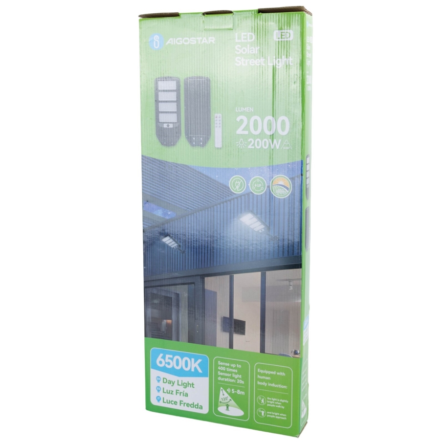 Aigostar - LED solarna ulična lampa sa senzorom LED/200W/3,2V 12000mAh IP65 6500K + daljinski upravljač