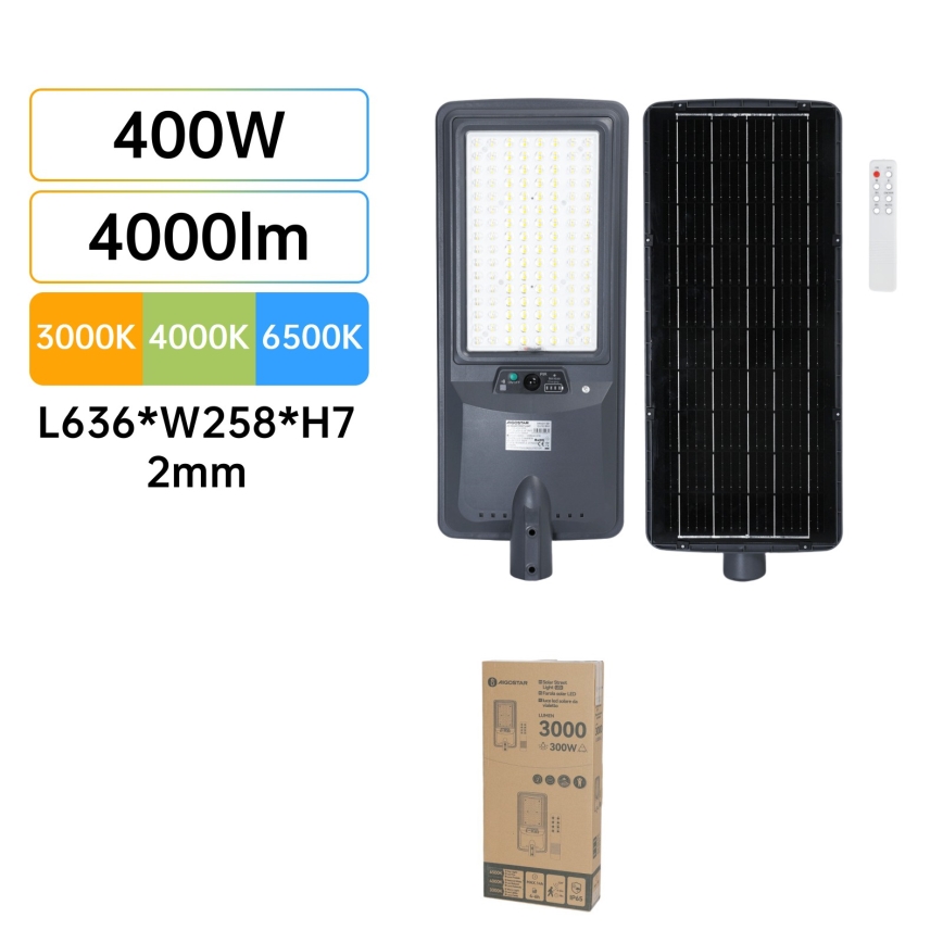 Aigostar - LED solarna ulična lampa sa senzorom LED/400W/3,2V 4800mAh + daljinski upravljač