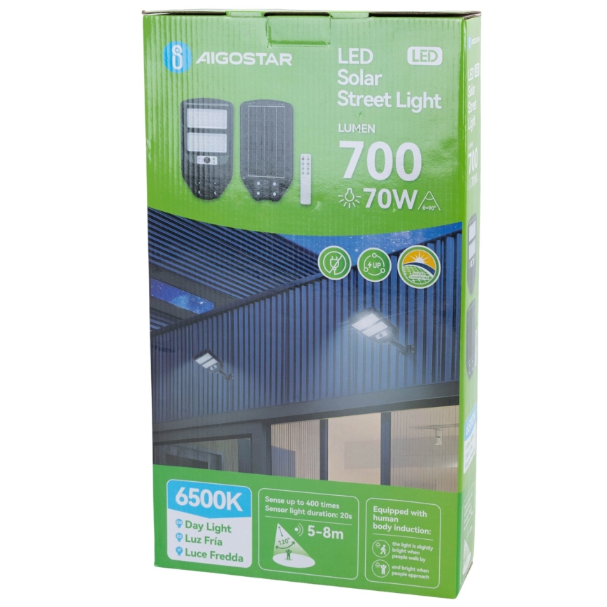 Aigostar - LED solarna ulična lampa sa senzorom LED/70W/3,2V 4000mAh IP65 6500K + daljinski upravljač