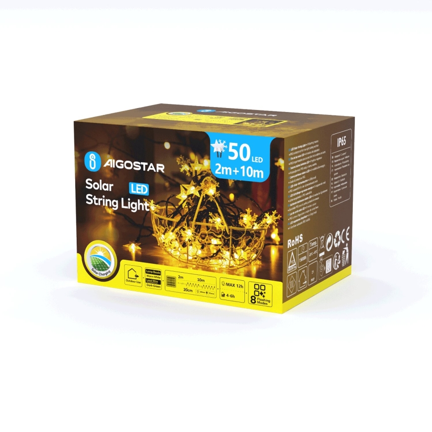 Aigostar - LED solarni božićni lanac 50xLED/8 funkcija 12m 800mAh IP65 topla bela