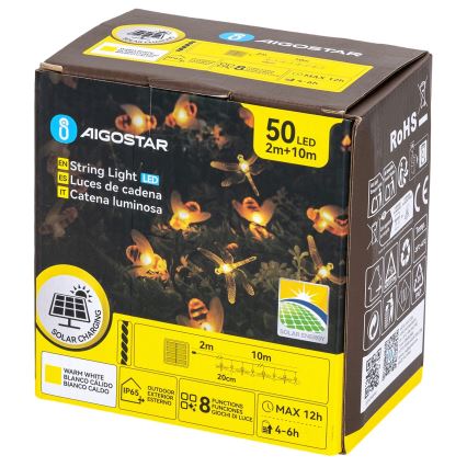 Aigostar - LED solarni dekorativni niz 50xLED/8 funkcija 10 m 800 mAh IP65 topla bela