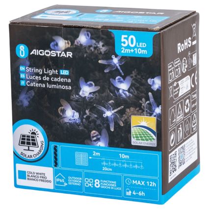 Aigostar - LED solarna dekorativna girlanda 50xLED/8 funkcija 10 m 800 mAh IP65 hladna bela