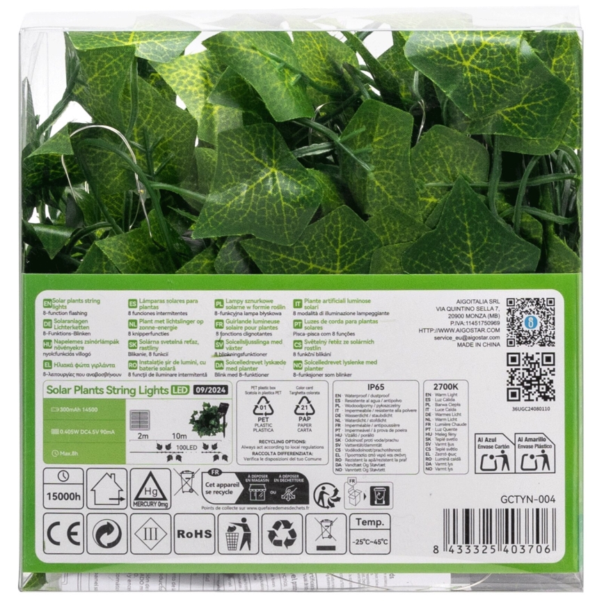 Aigostar - LED solarni lanac 100xLED/12m IP65 300 mAh topla bela ivy