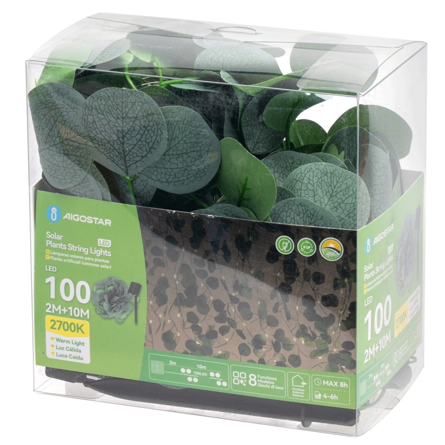 Aigostar - LED solarni lanac 100xLED/12m IP65 300 mAh topla bela eukaliptus