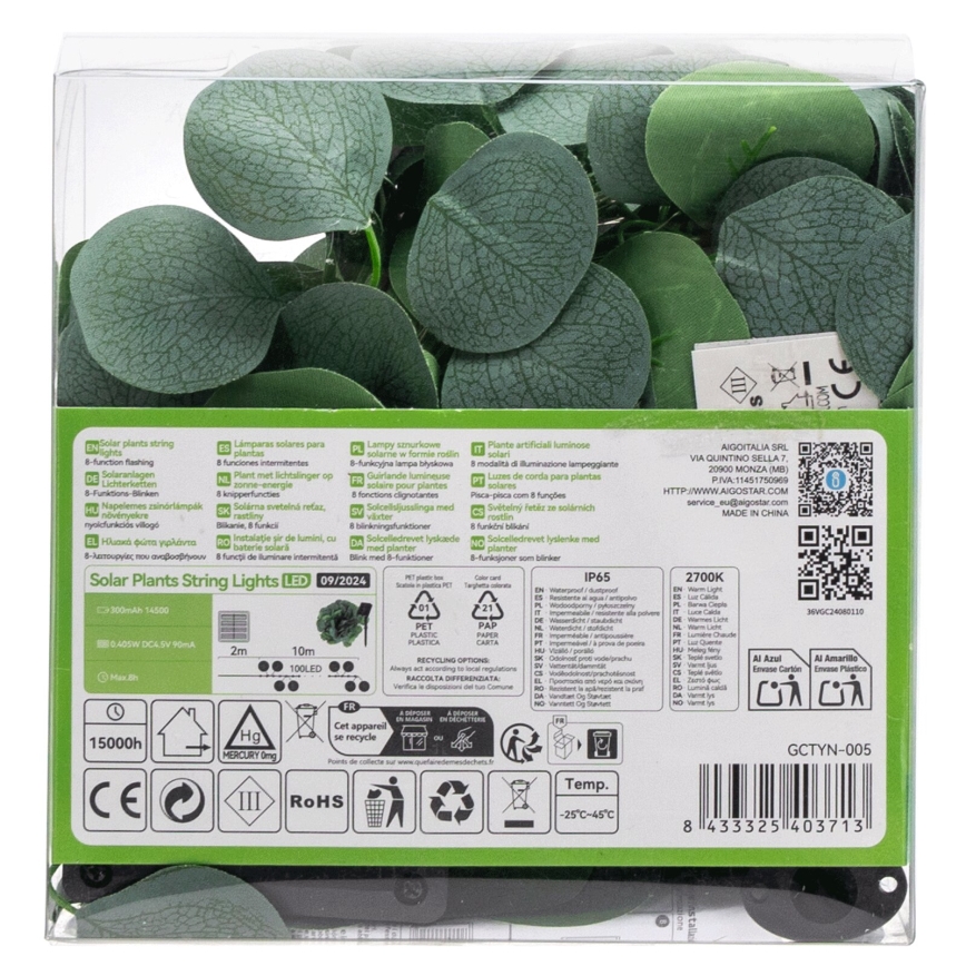 Aigostar - LED solarni lanac 100xLED/12m IP65 300 mAh topla bela eukaliptus