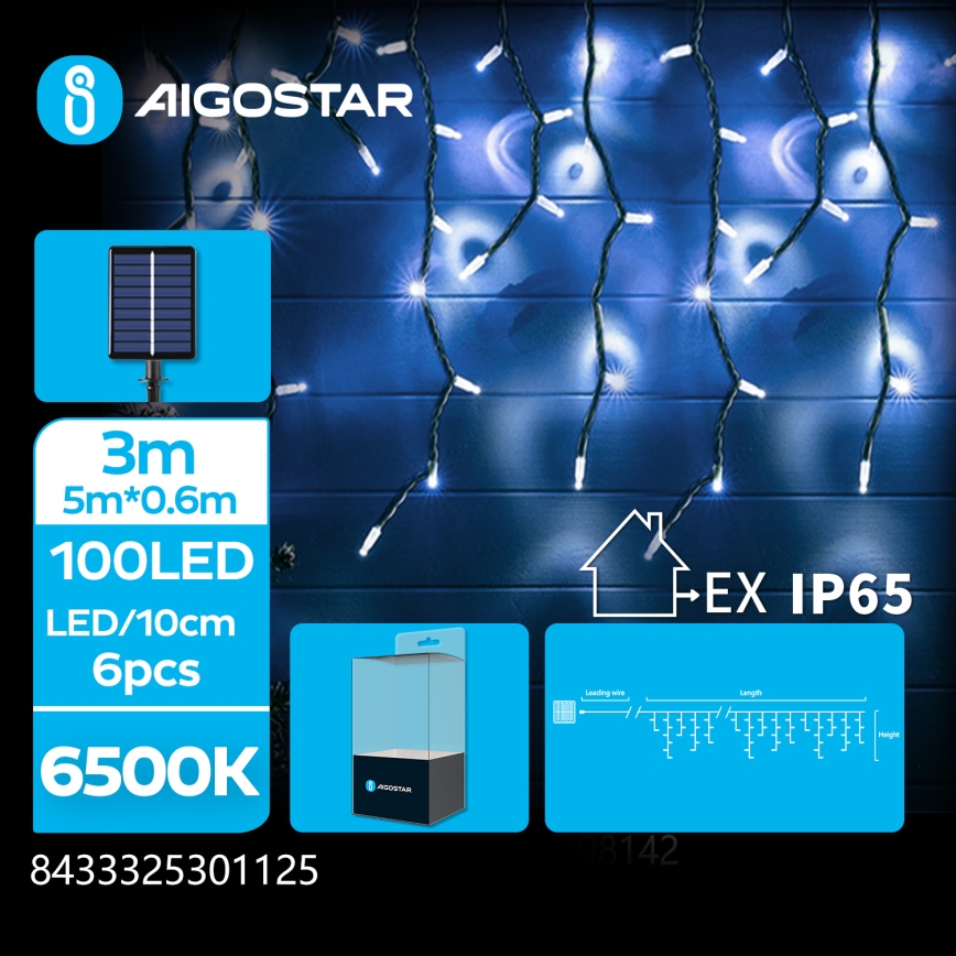 Aigostar - LED solarni lanac 100xLED/8 funkcija 8x0,6m 500 mAh IP65 hladna bela