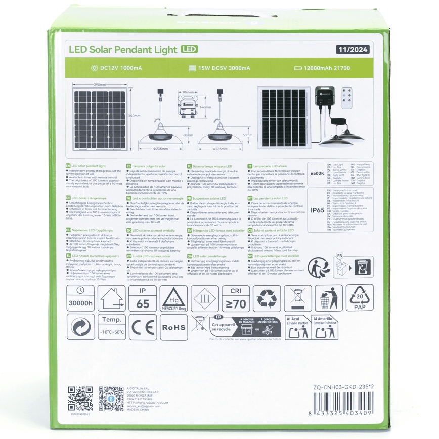 Aigostar - LED solarni luster 2xLED/70W/12V 12000 mAh 6500K IP65 prečnik 23,5 cm + daljinski upravljač