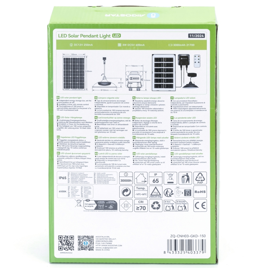 Aigostar - LED solarni luster LED/35W/12V 3000 mAh 6500K prečnika 15 cm + daljinsko upravljanje