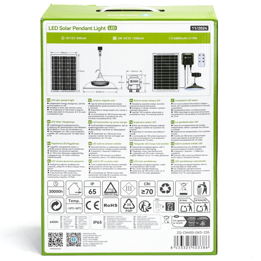 Aigostar - LED solarni luster LED/70W/12V 6000 mAh 6500K prečnik 23,5 cm + daljinski upravljač