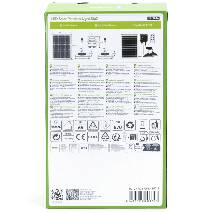 Aigostar - LED solarni luster sa senzorom 2xLED/35W/12V 6000 mAh 6500K, prečnik 15 cm + daljinski upravljač