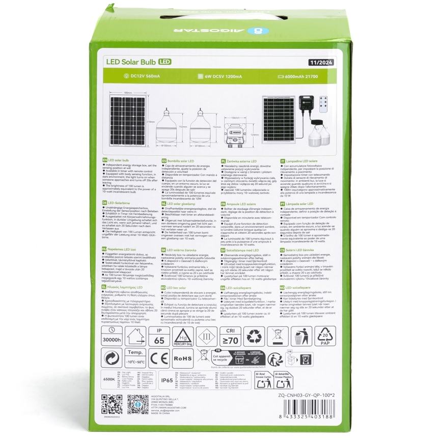 Aigostar - LED solarni luster sa senzorom, 2x LED/35W/12V, baterija 6000 mAh, 6500 K, prečnik 10 cm + daljinski upravljač