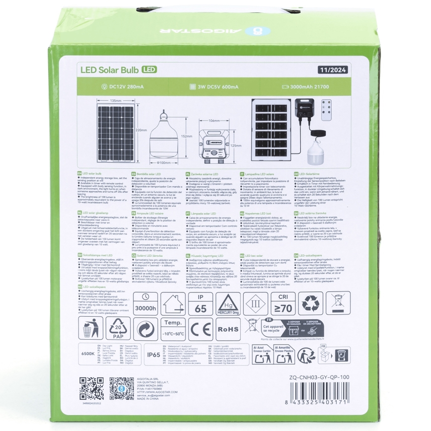 Aigostar - LED solarni luster sa senzorom LED/35W/12V 3000 mAh 6500K IP65 prečnik 10 cm + daljinski upravljač