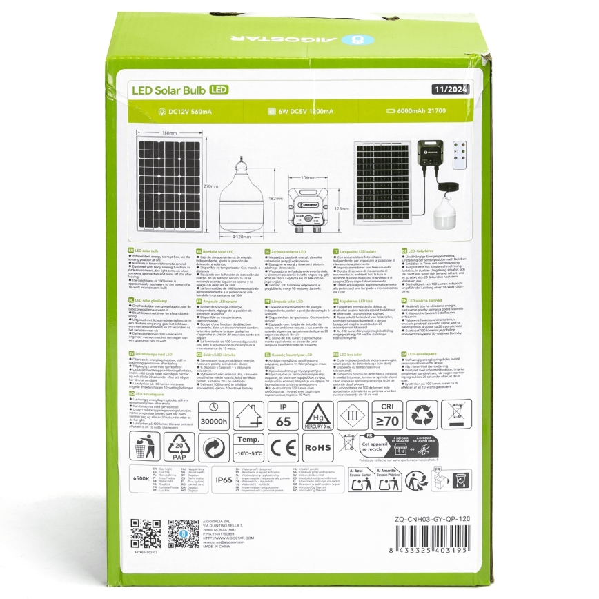 Aigostar - LED solarni luster sa senzorom LED/70W/12V 6000 mAh 6500K IP65 prečnik 12 cm + daljinski upravljač