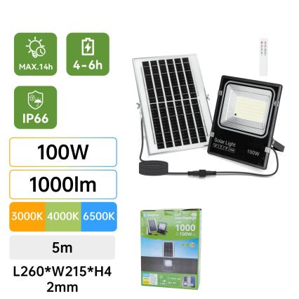 Aigostar - LED solarni reflektor LED/100W/3,2V 2000mAh 3000K/4000K/6500K IP66 + s daljinskim upravljačem