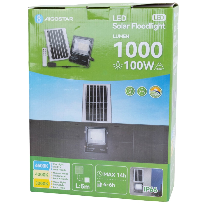 Aigostar - LED solarni reflektor LED/100W/3,2V 2000mAh 3000K/4000K/6500K IP66 + s daljinskim upravljačem