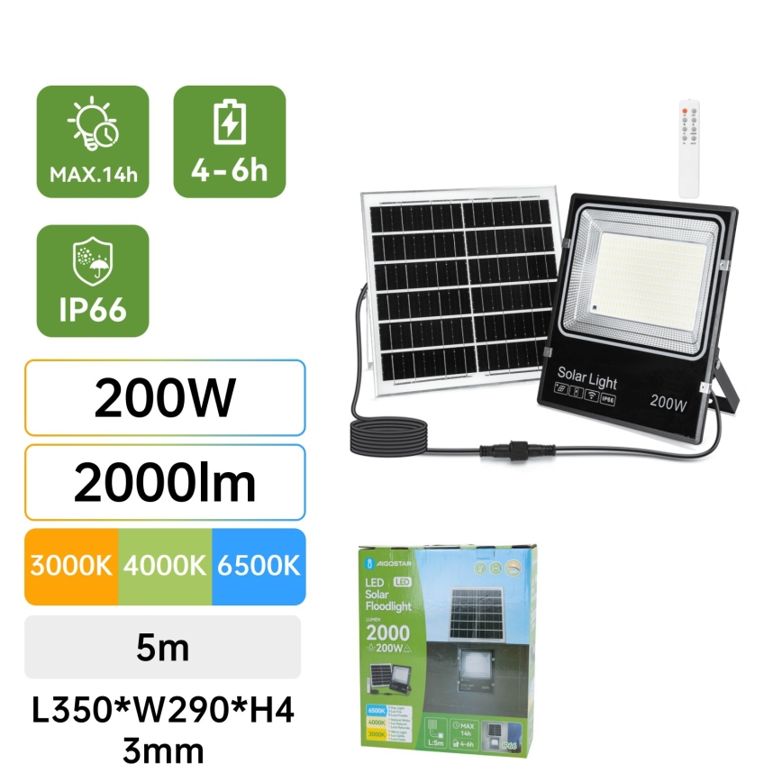 Aigostar - LED solarni reflektor LED/200W/3,2V 3600mAh 3000K/4000K/6500K IP66 + daljinski upravljač