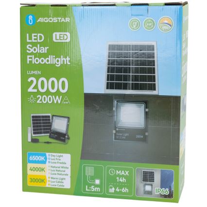 Aigostar - LED solarni reflektor LED/200W/3,2V 3600mAh 3000K/4000K/6500K IP66 + daljinski upravljač