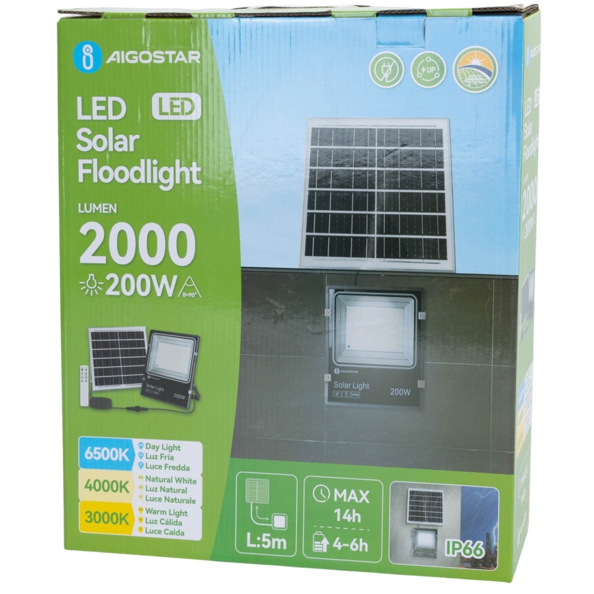 Aigostar - LED solarni reflektor LED/200W/3,2V 3600mAh 3000K/4000K/6500K IP66 + daljinski upravljač