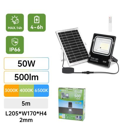 Aigostar - LED Solarni reflektor LED/50W/3,2V 1200mAh 3000K/4000K/6500K IP66 + daljinski upravljač
