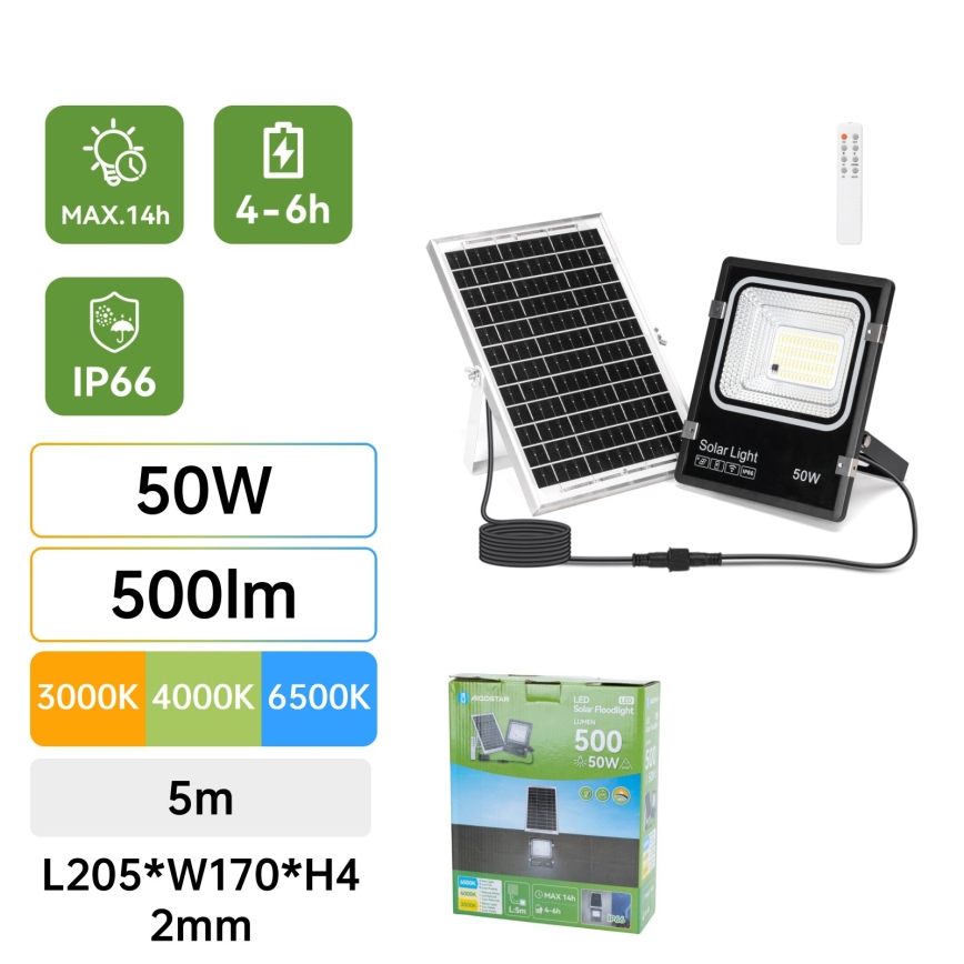 Aigostar - LED Solarni reflektor LED/50W/3,2V 1200mAh 3000K/4000K/6500K IP66 + daljinski upravljač