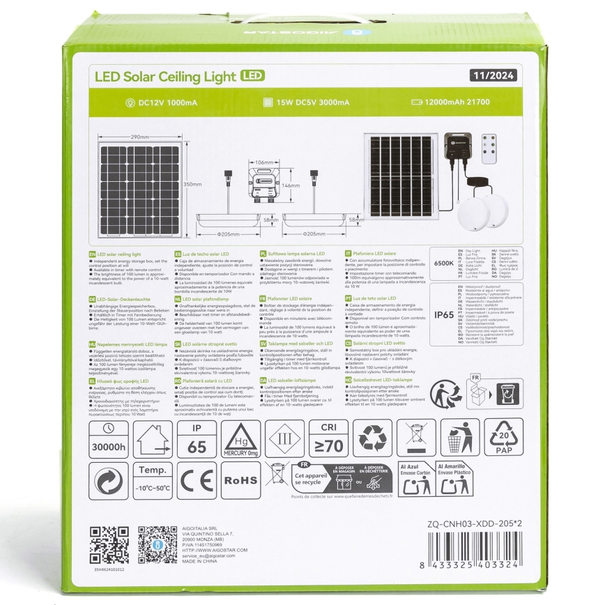 Aigostar - LED solarna svetiljka 2xLED/70W/12V 12000 mAh 6500K prečnik 20,5 cm + daljinski upravljač