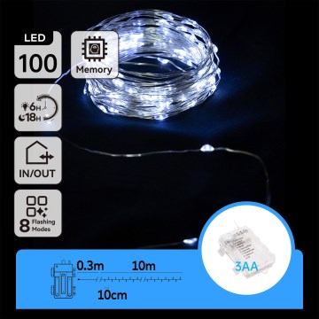 Aigostar - LED spoljašnja božićna girlanda 100xLED/8 funkcija/3xAA 10,3m IP44 hladno belo svetlo