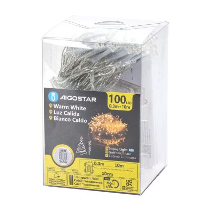 Aigostar -LED Spoljašnja božićna girlanda 100xLED/8 funkcija 3xAA 10,3m IP44 topla bela