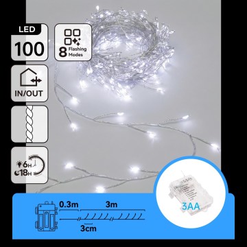 Aigostar - LED spoljašnja božićna girlanda 100xLED/8 funkcija 3xAA 3,3m IP44 hladna bela