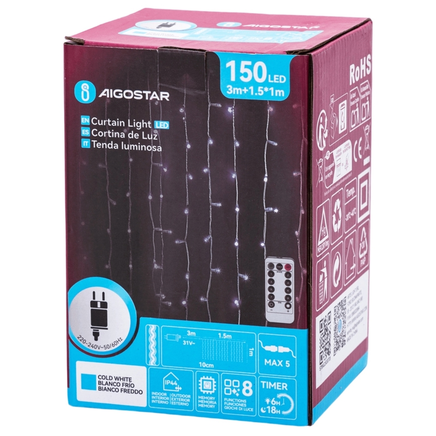 Aigostar - LED spoljašnji  niz 150xLED/6W/230V/8 funkcija 1,5x1m IP44 hladna bela + daljinski upravljač