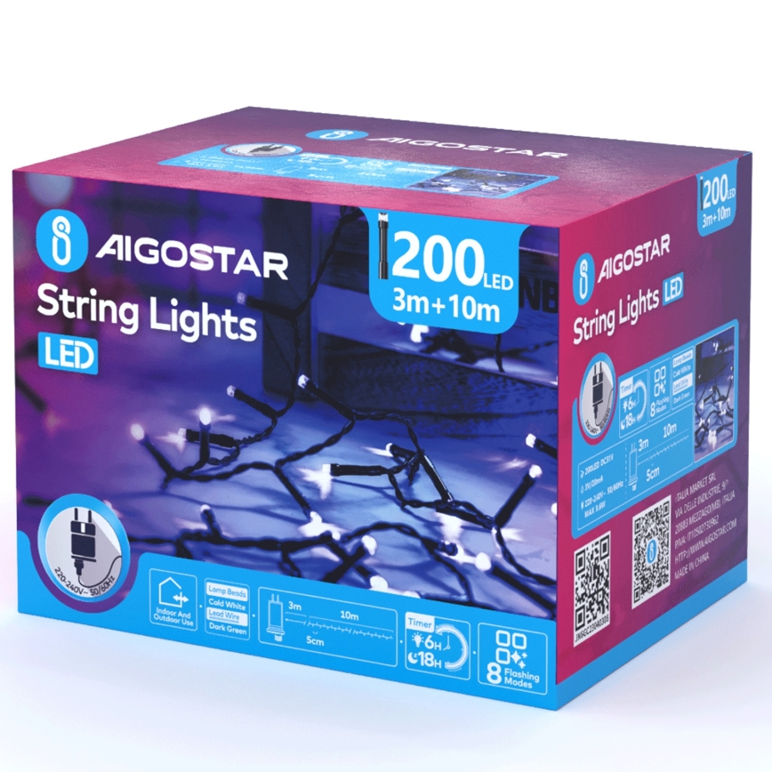 Aigostar - LED spoljašnja božićna girlanda 200xLED/8 funkcija 13m IP44 hladno-bela