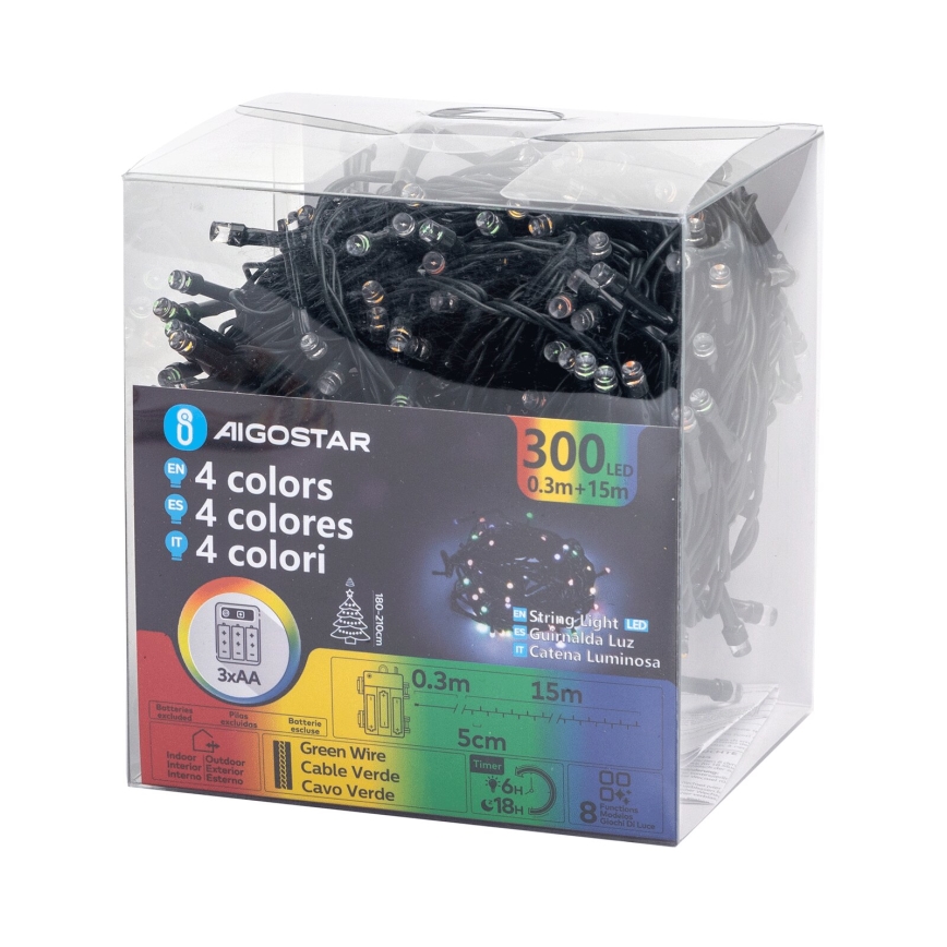 Aigostar -LED Spoljašnja božićna girlanda 300xLED/8 funkcija 3xAA 15,3m IP44 višebojna